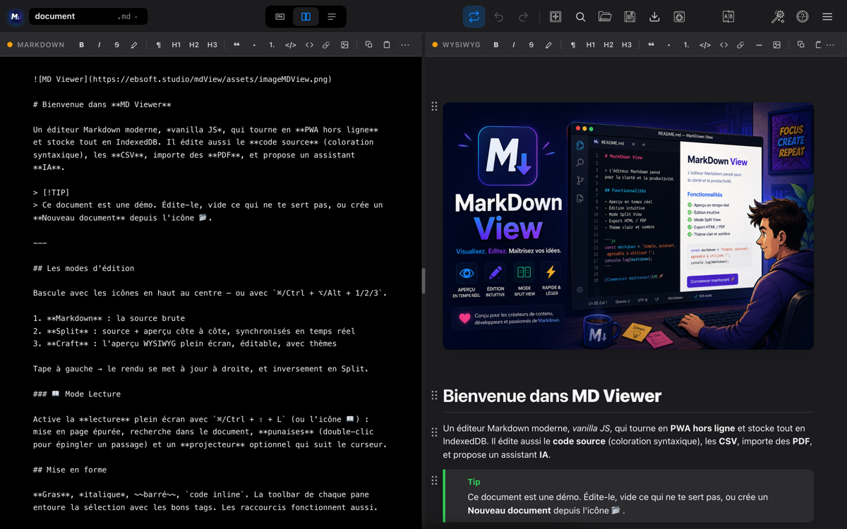 Vue Split : source Markdown à gauche, aperçu mis en forme à droite