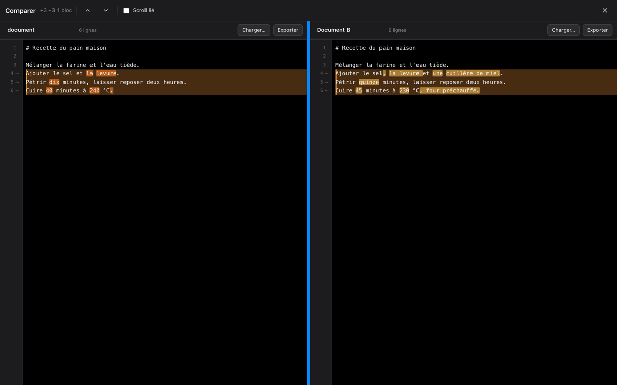 Mode Comparaison : différences surlignées entre deux versions