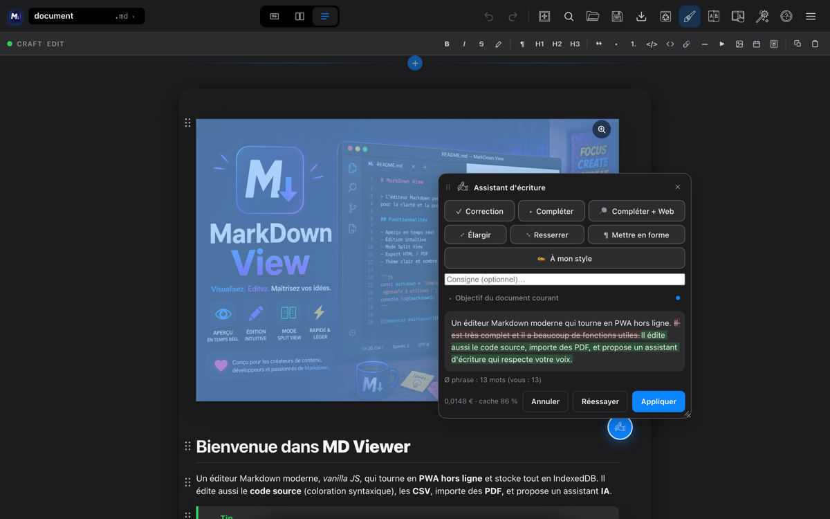 La palette de l'assistant d'écriture avec un résultat en différentiel