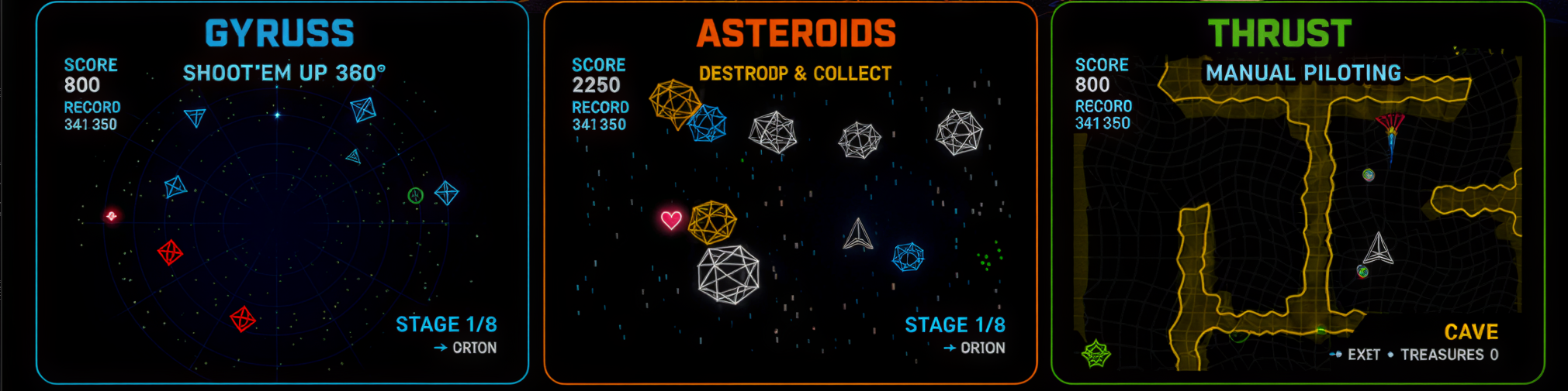 Captures d'écran de STARGYRE : mode Gyruss (tir orbital), Asteroids et Thrust (grotte)